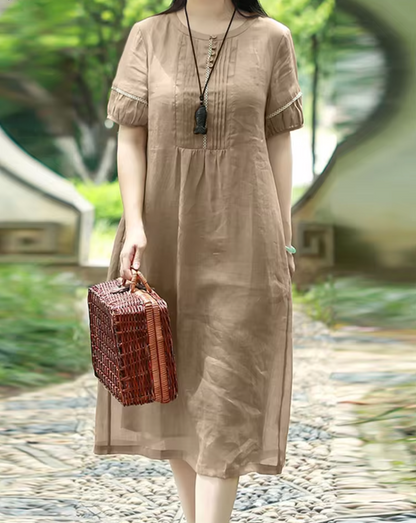 Linen Look Pintuck Embroidered Trim Round Neck Empire Midi Dress
