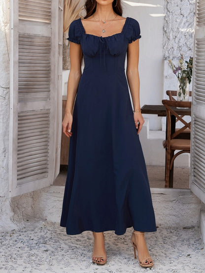 Tie-waist Ruched Puff Sleeve Long Dress