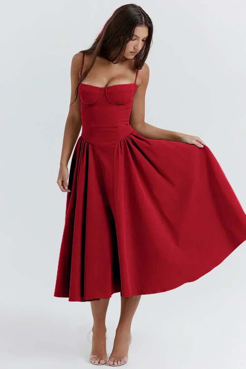 Corset Bustier Spaghetti Strap Basque Waist Pleated Midi Dress