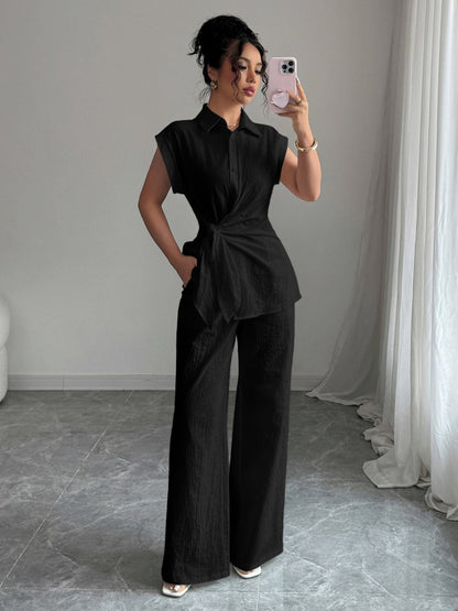 Lapel Sleeveless Kink Shirts Wide-leg Pants Business Suit 2-piece Sets