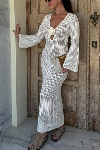 Margovil V Neck Long Sleeves Backless Crochet Hollow Out Knit Maxi Dress