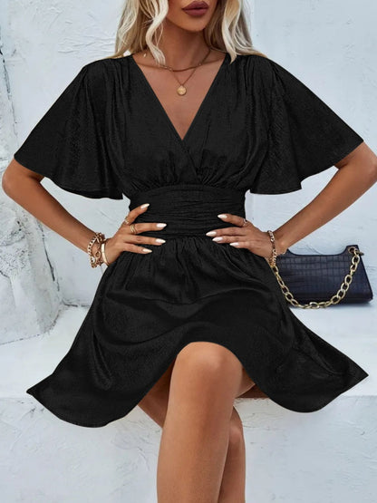 V-neck With Ruffled Sleeves Metallic Color Mini&Short Dresses