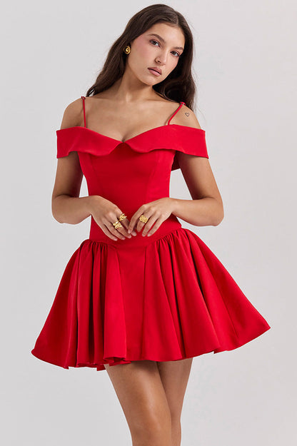 Off Shoulder Fold Over Collar Spaghetti Strap Pleated Fit and Flare Mini Dress