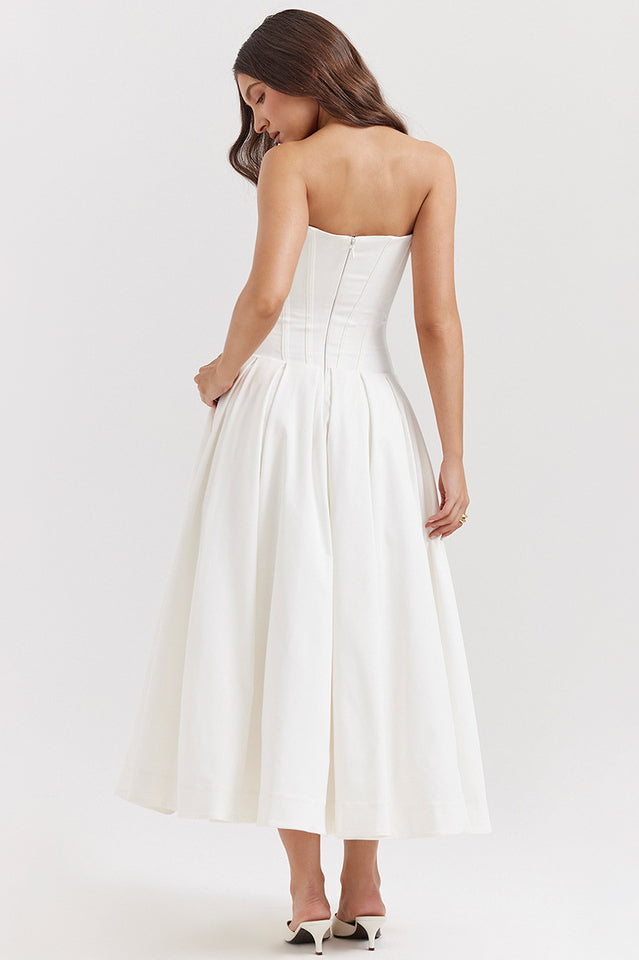 Strapless Deep Plunge Corset Boned Pleated A-Line Midi Dress