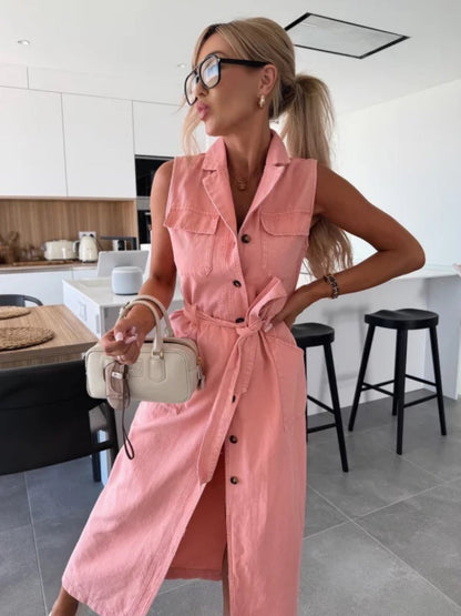 Sleeveless Tie-waist Single-breasted Denim Maxi Dress