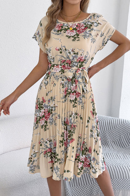 Floral Print Round Neck Fitted Waist Tie Pleated Midi Dress
