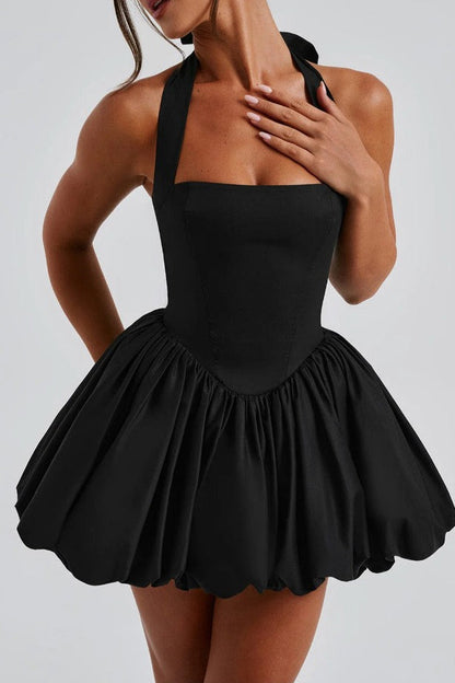 Halter Bow Back Corset Basque Waist Bubble Hem Mini Dress