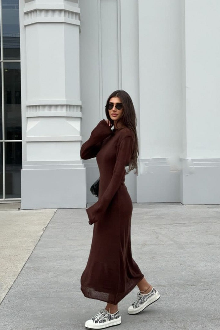 | Hollow Out Bodycon Knit Maxi Dress in Pink