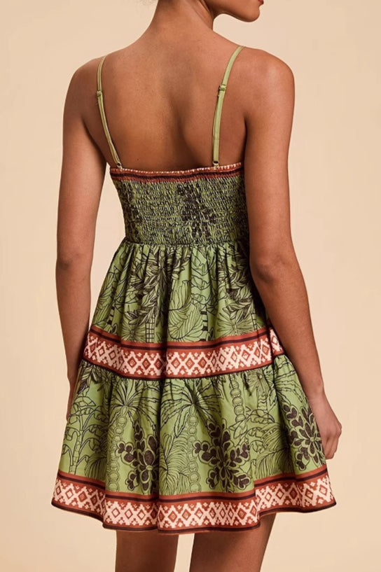 Tropical Palm Tiered Sweetheart Spaghetti Strap Border Print Mini Dress