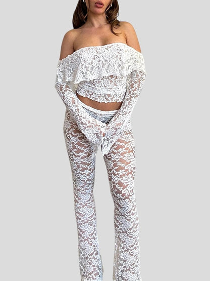 Lace Off Shoulder Long Sleeve Tee & Flared Pants Set