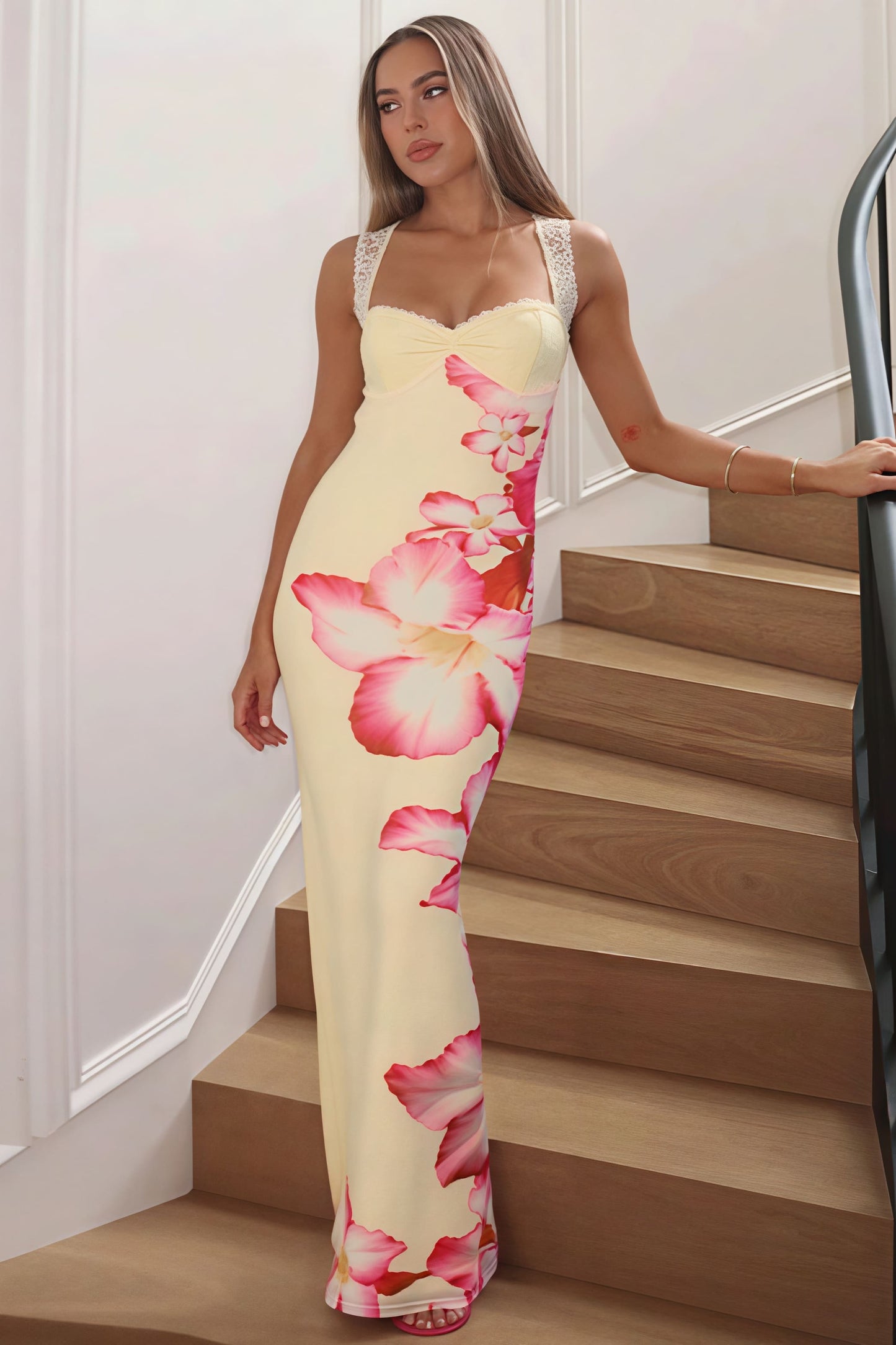 | Floral Print Off Shoulder Lace Maxi Dress
