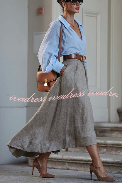 Caught A Vibe Linen Blend Back Elastic Waist Pocketed High Low Maxi Skirt