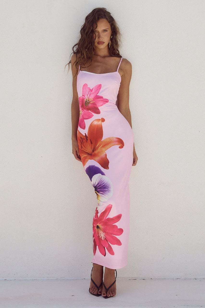 Square Neck Spaghetti Strap Large Floral Print Bodycon Maxi Dress