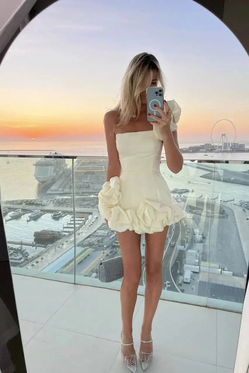 One Shoulder Rosette Applique Tiered Ruffle Structured Mini Dress