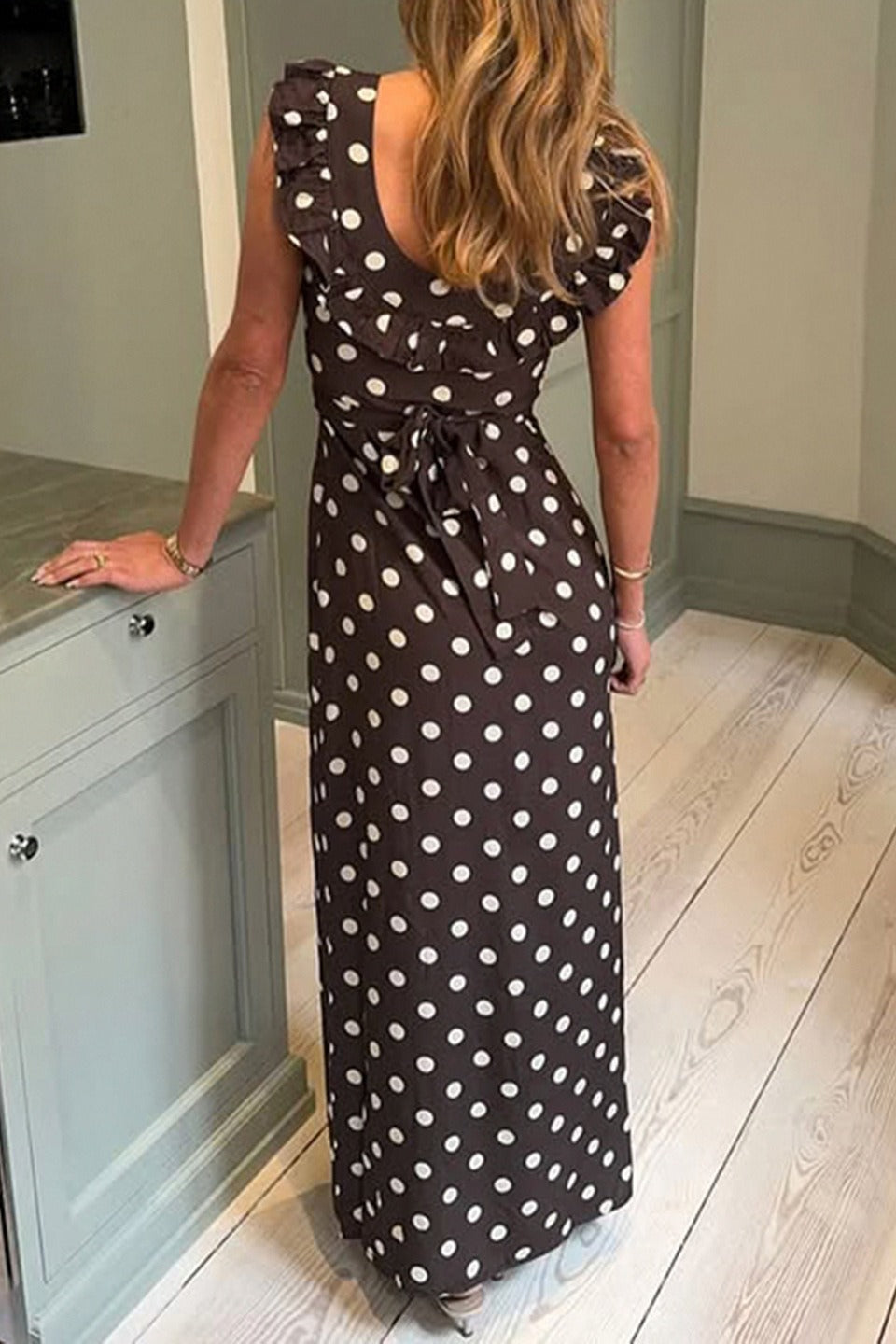 Polka Dot Ruffle Trim Scoop Neck Cap Sleeve Bodycon Maxi Dress