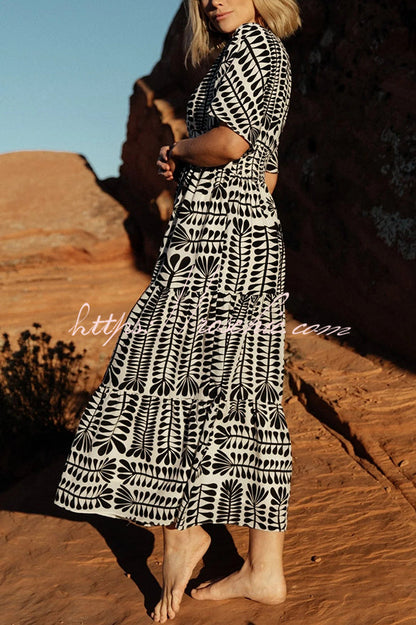 Bohemian Style Unique Printed Short Sleeve High Waist Midi Dress
