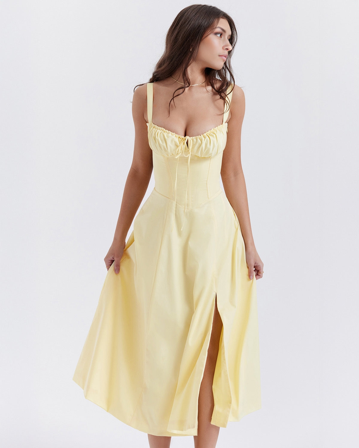 Corset Wide Strap Tie Front Ruched Bust Side Slit Midi Dress