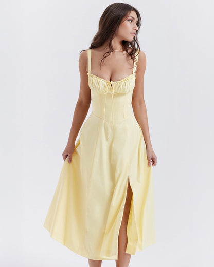 Sweetheart Tie Front Panel Seam Corset Bodice Fit and Flare Midi Dress