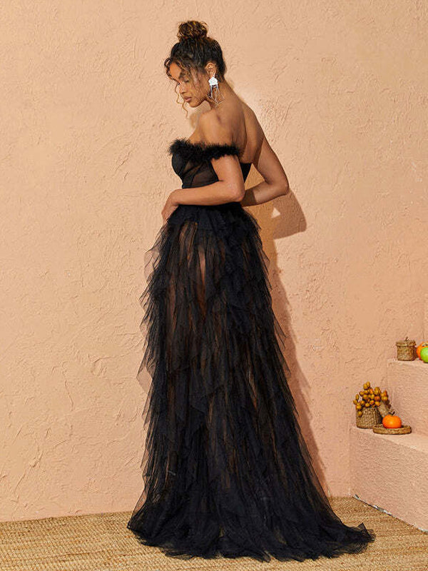 Layered Tulle Dress One Shoulder Corset Feather Trim Backless Sexy Maxi Dresses