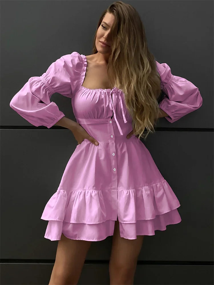 Tossy Lace-Up Patchwork Ruffled Mini Dress Women’s Square Collar Long Sleeve Elegant Party Dress Clothes Fashion Summer Dress