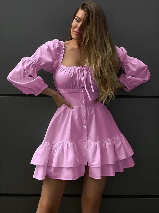 Tossy Lace-Up Patchwork Ruffled Mini Dress Women’s Square Collar Long Sleeve Elegant Party Dress Clothes Fashion Summer Dress