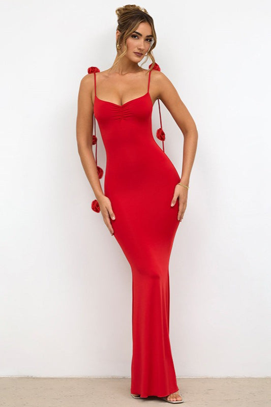 Strappy 3D Floral Maxi Party Dress