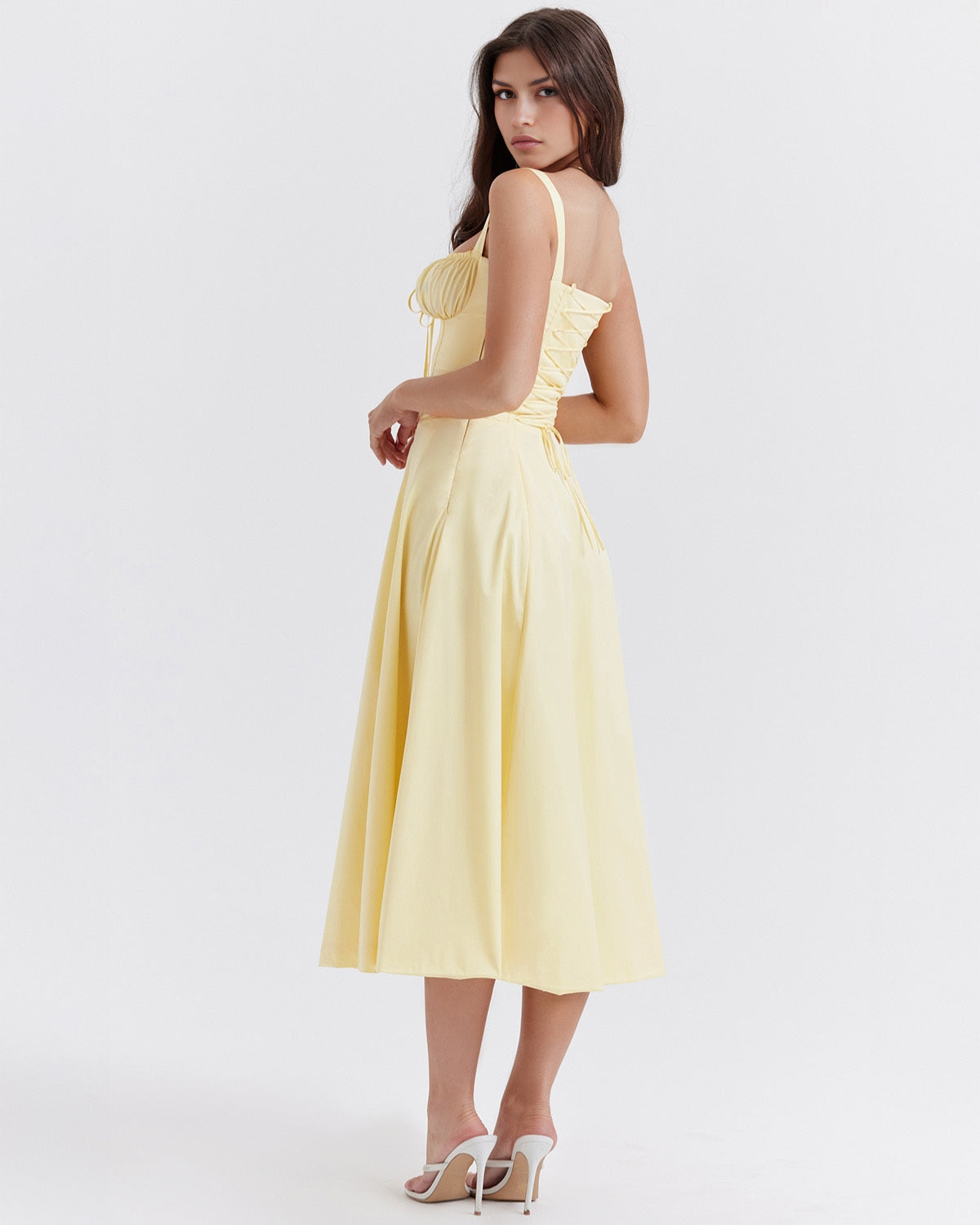 Sweetheart Tie Front Panel Seam Corset Bodice Fit and Flare Midi Dress