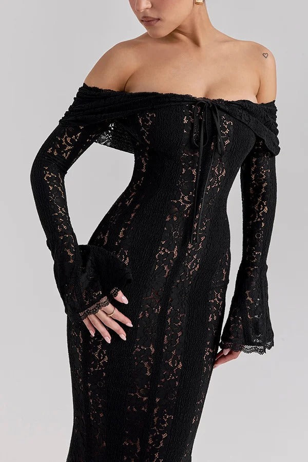 Floral Lace Off Shoulder Bell Sleeve Mermaid Maxi Dress