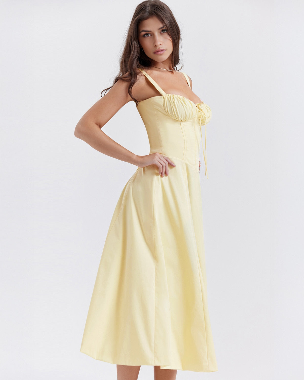 Corset Wide Strap Tie Front Ruched Bust Side Slit Midi Dress