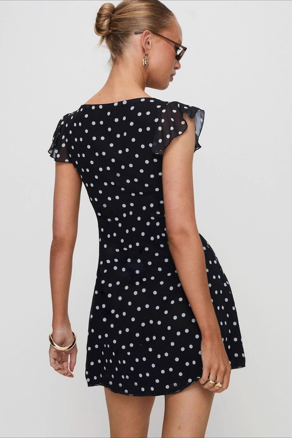 Polka Dot Deep V-Neck Flutter Sleeve Ruffle Trim Bodycon Mini Dress
