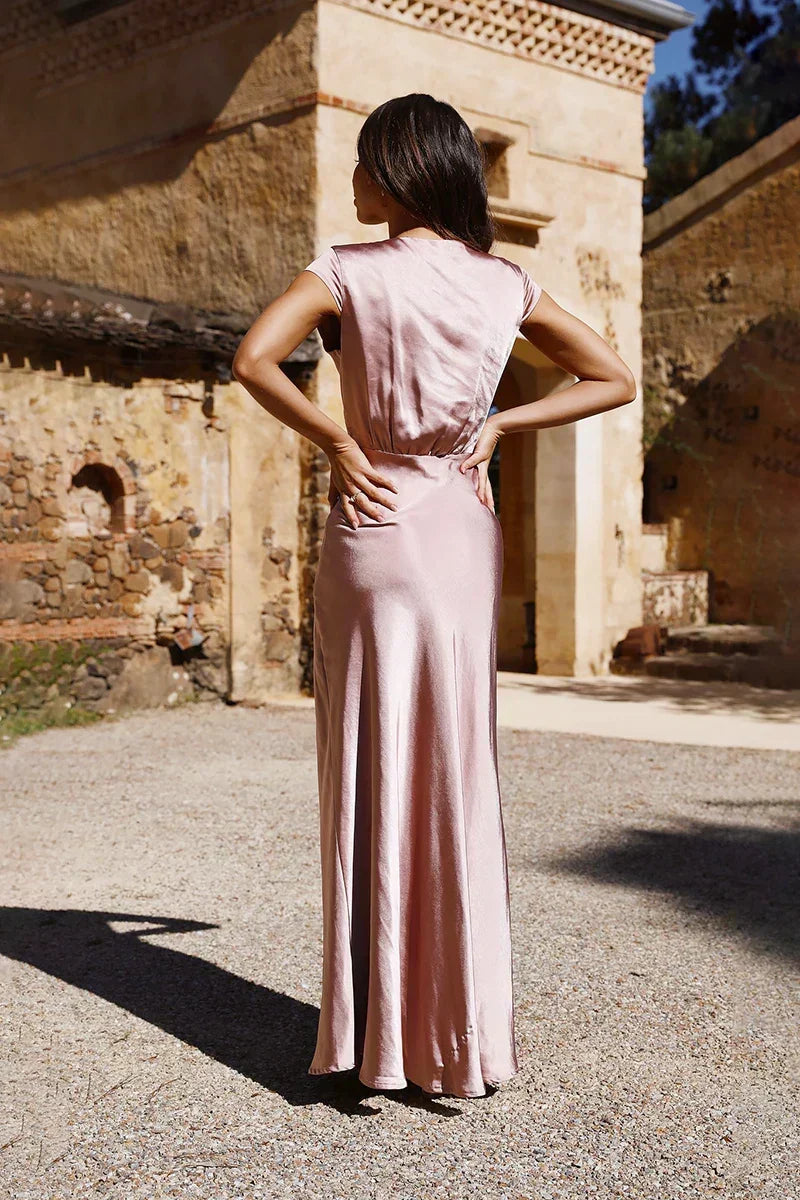 Satin Surplice V-Neck Flutter Cap Sleeve Tie Waist A-Line Maxi Gown