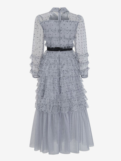 Black Layering Dress High Collar Bow Tie Polka Dot Party Maxi Dresses