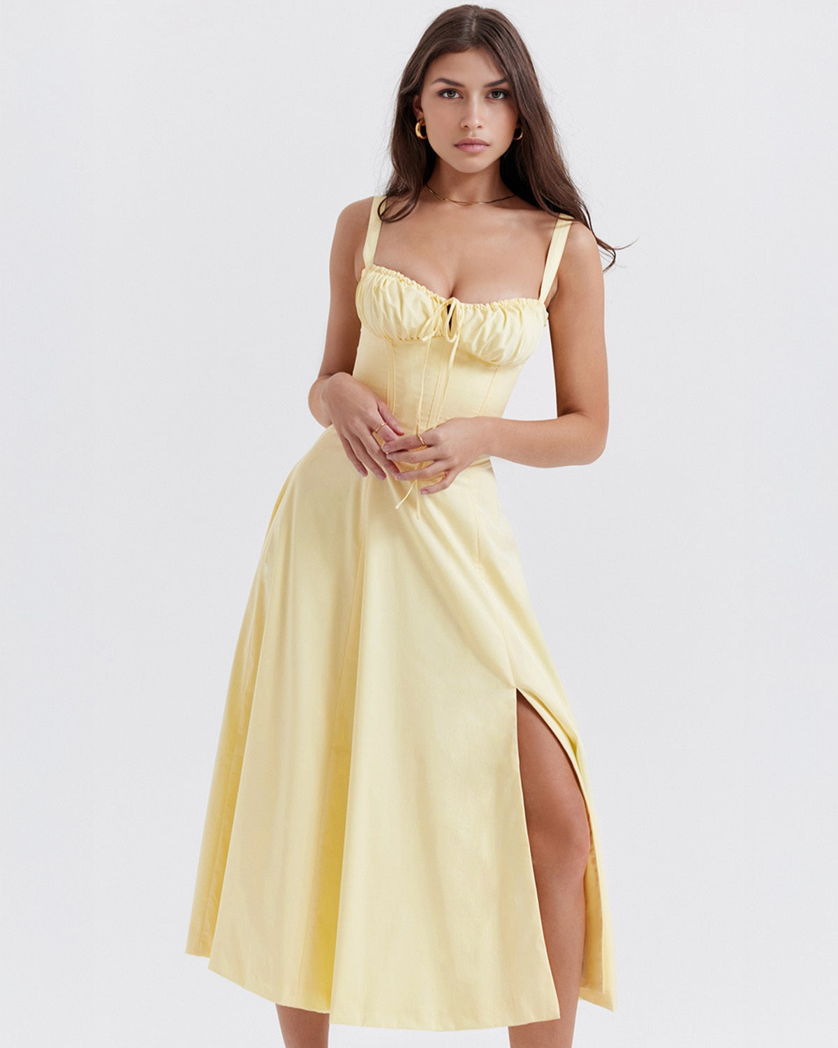 Sweetheart Tie Front Panel Seam Corset Bodice Fit and Flare Midi Dress
