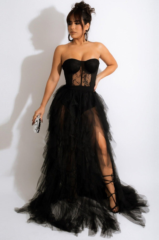 Lace Corset Sweetheart Strapless Tiered Tulle High Slit Maxi Skirt Set