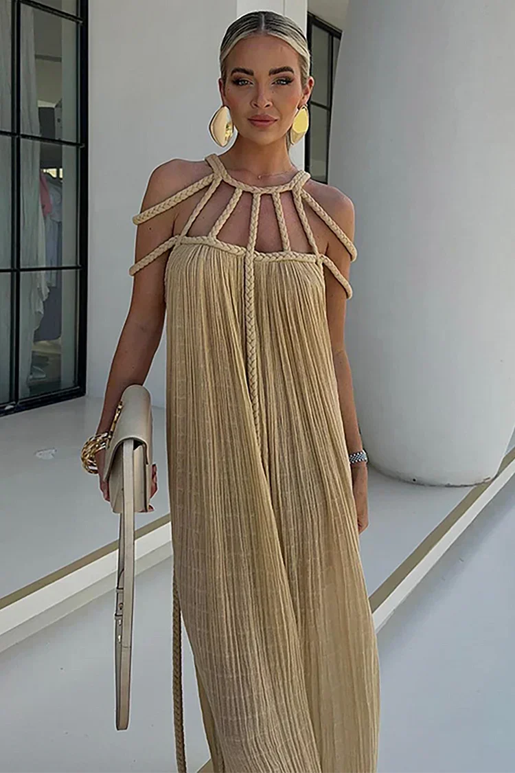 Braided Rope Halter Cage Cutout Pleated Maxi Dress