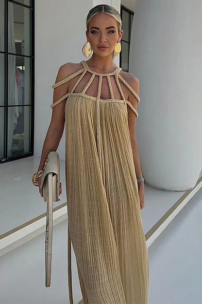 Braided Rope Halter Cage Cutout Pleated Maxi Dress