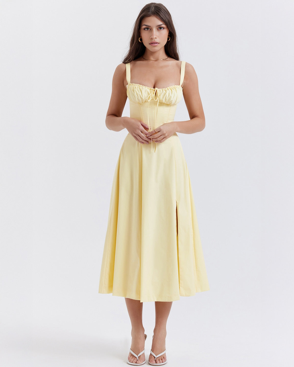 Sweetheart Tie Front Panel Seam Corset Bodice Fit and Flare Midi Dress
