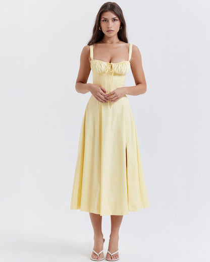 Sweetheart Tie Front Panel Seam Corset Bodice Fit and Flare Midi Dress