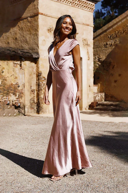 Satin Surplice V-Neck Flutter Cap Sleeve Tie Waist A-Line Maxi Gown