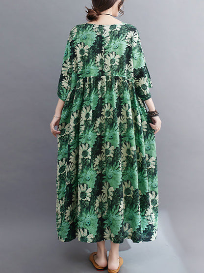 Loose Raglan Sleeve Floral Printed Pleated Split-Joint Round-Neck Midi Dresses