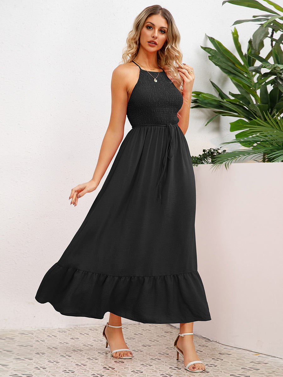 Party Dress Halter Open Back Pleated Front Belted Tiered Midi Dresses