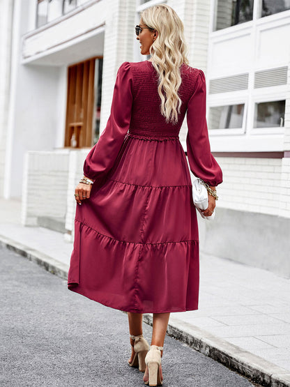 Midi Dresses V-Neck Long Sleeves Pleated Layered Chic Fit And Flare Dress