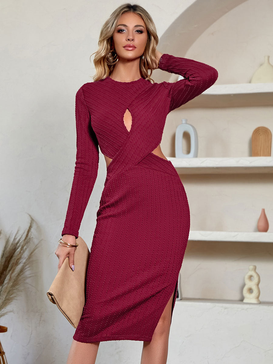 Bodycon Dresses Apricot Long Sleeves Cut Out Sexy Midi Dress