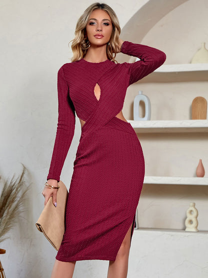 Bodycon Dresses Apricot Long Sleeves Cut Out Sexy Midi Dress