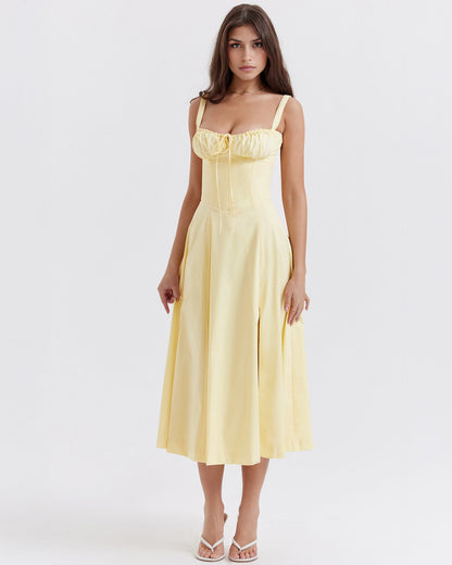 Corset Wide Strap Tie Front Ruched Bust Side Slit Midi Dress