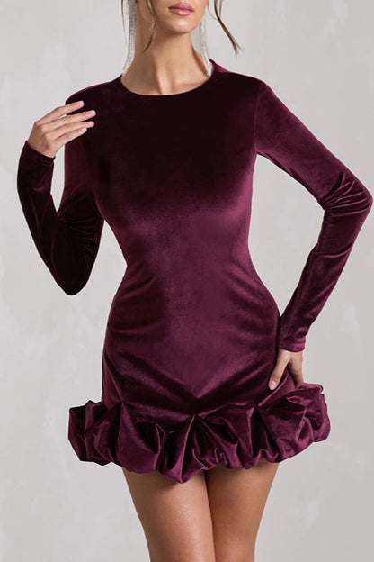 Crew Neck Long Sleeve Ruched Bubble Hem Velvet Mini Dress