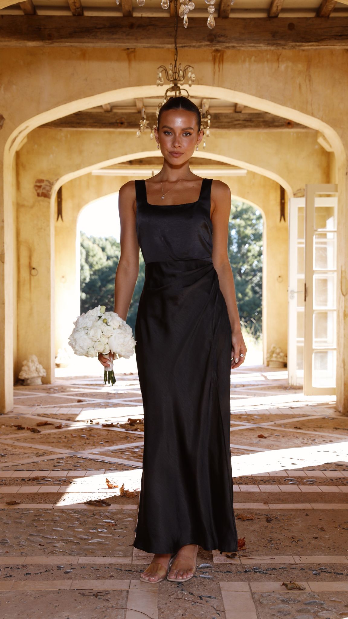 Satin Square Neck Wide Strap Side Slit Slip Maxi Dress