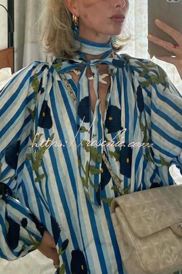 Lara Linen Blend Floral Stripe Print Button Up Belt Pocketed Kaftan Midi Dress