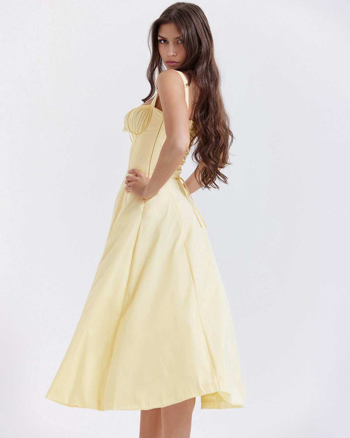 Sweetheart Tie Front Panel Seam Corset Bodice Fit and Flare Midi Dress