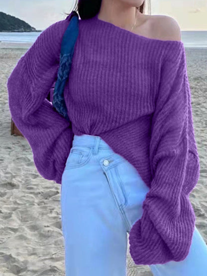 See Through Solid Loose Short Long Sleeve Knit